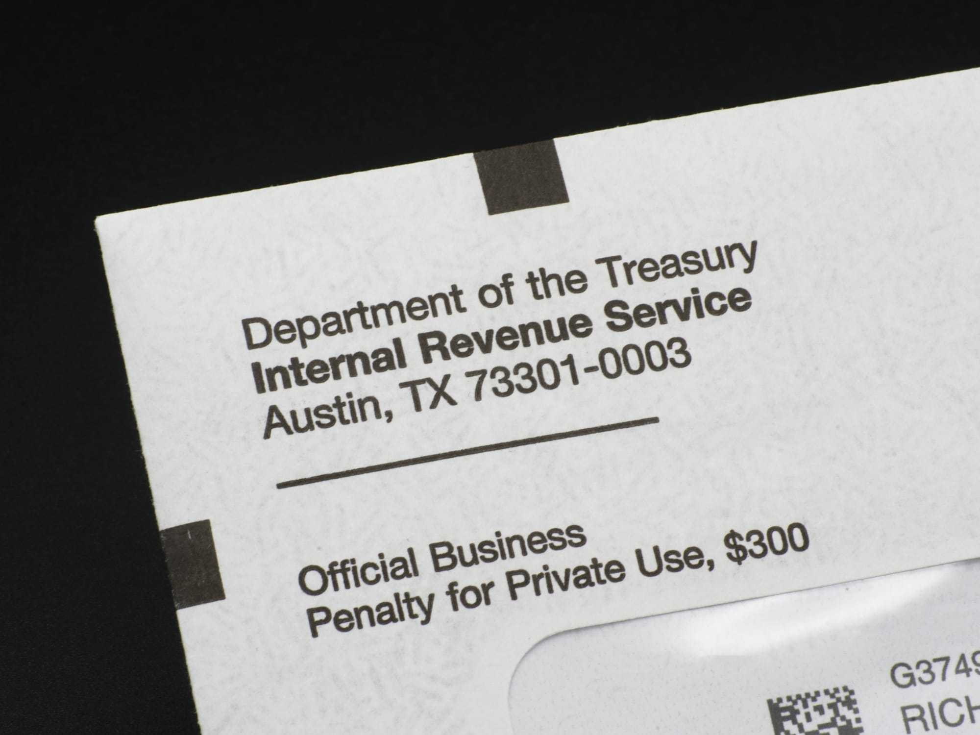 Upper left corner of a US Treasury envelope showing IRS return address