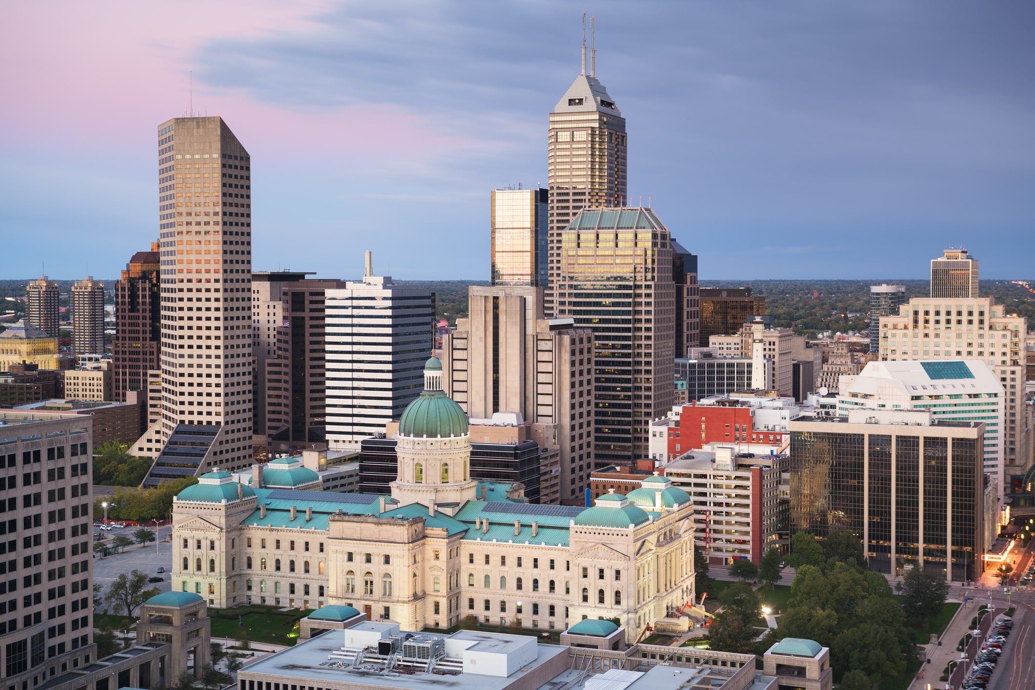 Indianapolis skyline, with Capitol Building and the Indiana Department of Revenue in the foreground