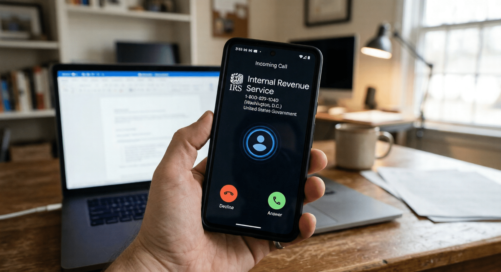 A smartphone with incoming caller ID of a spoofed Internal Revenue Service call, a potential tax scam