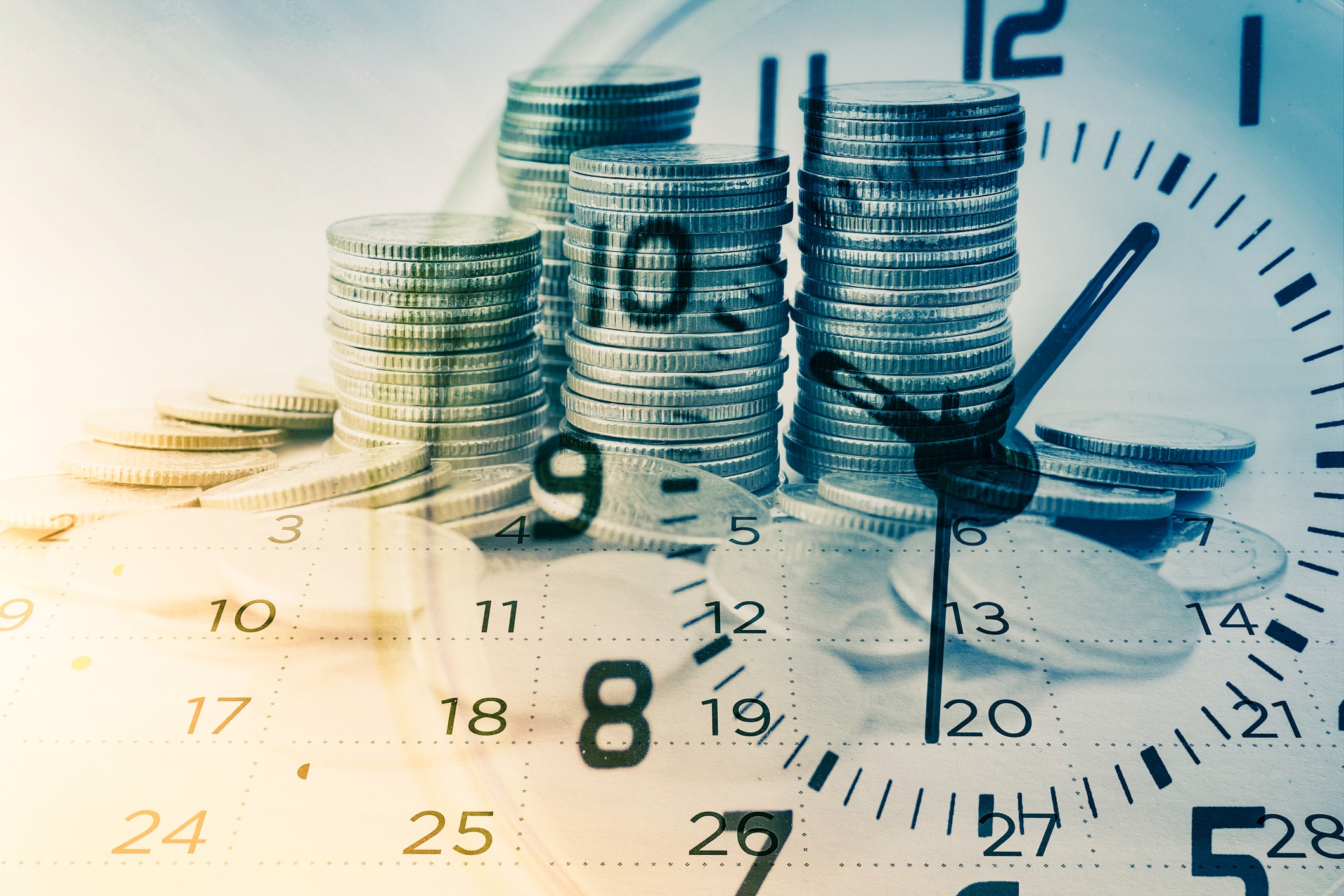 A clock superimposed on a stack of coins on a calendar, representing the window for Indiana tax amnesty in 2026.