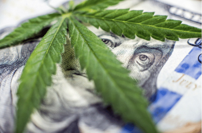 A marijuana leaf on top of a 100 dollar bill, representing IRC 280E, cannabis tax law