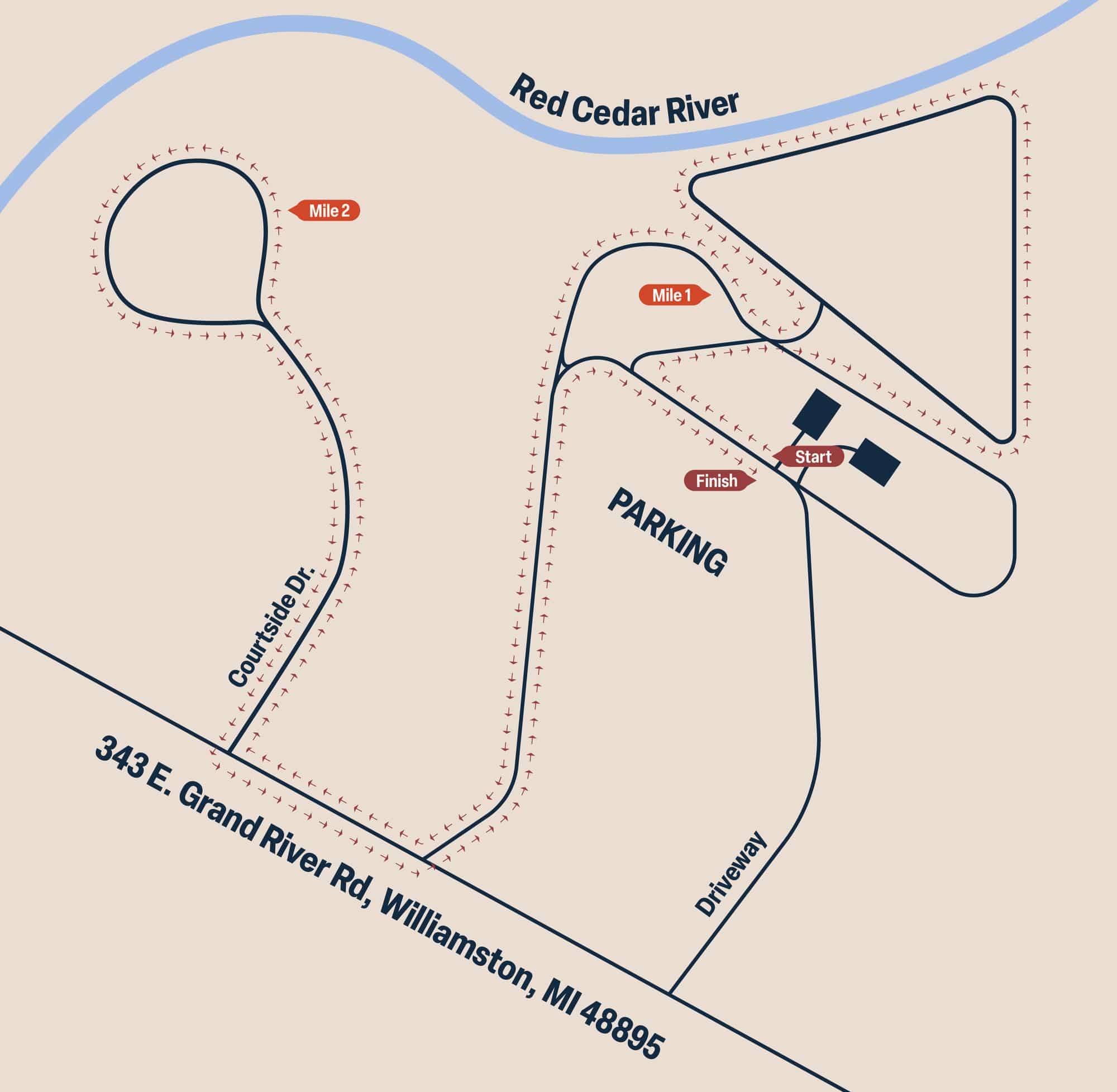 The Barn Run 5K course map showing two loops along the Red Cedar River in Williamston, Michigan